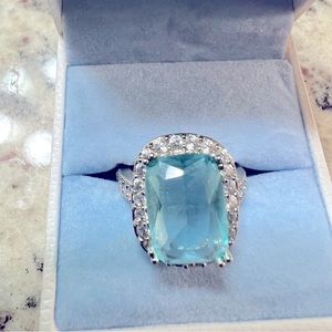 Beautiful Large Blue Topaz Sterling Silver Ring Lab Created Diamond Accents.